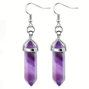 Amethyst Natural Stone Gemstone Handmade Hexagon Point Dangle Earrings